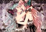  aqua_eyes aqua_hair blush butterfly_hair_ornament butterfly_wings doily dress face-to-face fingerless_gloves gloves hair_ornament hat hatsune_miku headphones headset hug imminent_kiss long_hair magnet_(vocaloid) megurine_luka mini_hat mini_top_hat multiple_girls pink_hair smile top_hat tottsuan twintails vocaloid wings yuri 