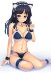  akiyama_mio animal_ears anklet barefoot bell bell_collar bikini black_bikini black_eyes black_hair blush breasts cat_ears collar frown hairband jewelry jingle_bell k-on! kasanui large_breasts leg_garter lips long_hair navel solo swimsuit underboob wristband 