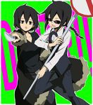  bad_id bad_pixiv_id black_hair braid breasts brown_eyes cleavage coat cosplay durarara!! glasses heiwajima_shizuo heiwajima_shizuo_(cosplay) hirasaka_ine knife large_breasts multiple_girls orihara_izaya orihara_izaya_(cosplay) orihara_kururi orihara_mairu sign sunglasses tuxedo twin_braids vest 