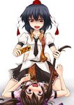  black_hair blush brown_hair bullying cellphone cellphone_camera girl_on_top hair_pull hat himekaidou_hatate long_hair multiple_girls necktie open_mouth phone red_eyes shameimaru_aya shimo_(depthbomb) short_hair straddling tokin_hat touhou 