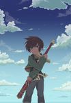  asbel_lhant bad_id bad_pixiv_id blue_eyes brown_hair cloud day green_shirt male_focus sekigawa sheath sheathed shirt sky solo sword tales_of_(series) tales_of_graces weapon younger 