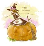  apron blonde_hair broom candy engrish food halloween happy_halloween hat jack-o'-lantern kirisame_marisa pumpkin ranguage skirt_basket solo star touhou typo waist_apron witch_hat yagara 