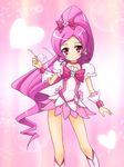  boots bow choker cure_blossom earrings eyewear_removed glasses hair_bow hanasaki_tsubomi heart heartcatch_precure! holding holding_eyewear jewelry knee_boots long_hair magical_girl masakichi_(crossroad) pink pink_background pink_bow pink_choker pink_eyes pink_hair ponytail precure round_eyewear solo very_long_hair 