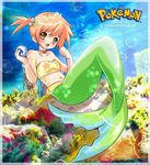  1girl :d arielucia bandeau blush bracelet bubble choker collar copyright_name coral head_wreath jewelry kasumi_(pokemon) logo looking_at_viewer mermaid midriff monster_girl navel open_mouth pearl photo_background pokemon scales side_ponytail sitting smile solo strapless title_drop tubetop underwater 