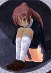  blush culvert k-on! kazuhiro_(tiramisu) kneehighs leg_hug miura_akane parody pink_hair ponytail rain school_uniform sitting skirt socks solo wet yellow_eyes 