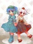  blue_eyes blue_hair board_game boots geta hair_bobbles hair_ornament hat inubashiri_momiji kawashiro_nitori key multiple_girls red_eyes sankuma short_hair shougi tengu-geta tokin_hat touhou twintails two_side_up white_hair 