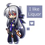  ahoge bad_id bad_pixiv_id blush_stickers bottle chibi detached_sleeves drunk dual_wielding english heart holding kuromine_nakatoki long_hair lowres necktie pants ponytail red_eyes sidelocks silver_hair simple_background solo standing very_long_hair vocaloid voyakiloid yowane_haku 