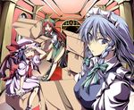  bat_wings blue_eyes blue_hair box braid fuyuwa_kotatsu green_eyes hat hat_ribbon hong_meiling izayoi_sakuya maid_headdress multiple_girls red_hair remilia_scarlet ribbon touhou wings 