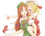  blonde_hair flandre_scarlet green_eyes hong_meiling mikeco multiple_girls red_hair shoe_dangle touhou 