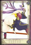  1girl aoi_nagisa_(metalder) ass blush boots breasts bridal_gauntlets curvy embarrassed female high_heel_boots high_heels highres huge_ass huge_breasts impossible_clothes jewelry long_hair looking_back partially_visible_vulva pointy_ears purple_hair queen&#039;s_blade queen&#039;s_blade_grimoire red_eyes scan seiten_(queen&#039;s_blade) shiny shiny_clothes shiny_skin simple_background solo spread_legs staff sweat tail thigh_boots thighhighs thighs thong tiara twintails very_long_hair weapon white_background 