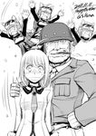  abigail_(world_witches_series) animal_ears arms_up bag charlotte_lueder cigar george_s_patton greyscale grin hand_on_hip hand_on_shoulder helmet highres iijima_takatoshi marilyn_(world_witches_series) military military_uniform monochrome mouth_hold multiple_girls open_mouth patricia_(world_witches_series) smile uniform world_witches_series 
