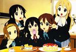  akiyama_mio artist_request black_hair black_tea blonde_hair brown_hair cake checkerboard_cookie cookie cup fish_tank food fruit hair_ornament hairclip highres hirasawa_yui indoors k-on! kotobuki_tsumugi looking_at_viewer multiple_girls nakano_azusa open_mouth plate pleated_skirt round_teeth saucer skirt smile strawberry strawberry_shortcake table tainaka_ritsu tea teacup teeth ton-chan turtle v window 