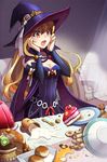  artist_request bell belt blonde_hair bread breasts cake cape choker cleavage cookie cup dress food gelatin hat long_hair lowres medium_breasts open_mouth pantyhose ribbon solo spill spoon sword_girls table witch witch_hat yellow_eyes 
