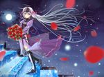  armor armored_dress blurry depth_of_field eucliwood_hellscythe flower full_moon greaves highres juliet_sleeves kamome_yuu kore_wa_zombie_desu_ka? light_smile long_hair long_sleeves moon night petals puffy_sleeves purple_eyes red_flower red_rose rose rose_petals silver_hair solo stairs water 