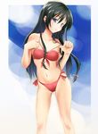  anti_(untea9) bandeau bikini black_hair boku_wa_tomodachi_ga_sukunai contrapposto front-tie_top hair_ribbon halterneck long_hair mikazuki_yozora navel purple_eyes red_bikini ribbon side-tie_bikini solo standing strap_pull swimsuit 