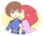  1girl brown_hair cheek_kiss chibi closed_eyes flay_allster gundam gundam_seed kira_yamato kiss lowres one_eye_closed purple_eyes red_hair simple_background 