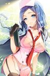  blue_eyes blue_hair bra breasts cherrypin clipboard coat dress_shirt frills garter_belt gloves hair_ornament hairclip hat large_breasts lingerie lowres necktie nurse nurse_cap panties see-through shirt short_hair side_slit solo sword_girls thighhighs underwear 