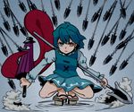  heterochromia hikimaru karakasa_obake polearm purple_umbrella serious short_hair solo spear squatting tatara_kogasa touhou umbrella weapon 