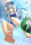  arms_behind_head backpack bag bare_legs barefoot blue_eyes blue_hair blurry braid clenched_teeth daruma_doll depth_of_field falling feet foreshortening hat hat_removed headwear_removed kawashiro_nitori mechanical_arm mossari_poteto one-piece_swimsuit revision school_swimsuit shield short_hair solo swimsuit teeth toe_scrunch touhou twin_braids water waterfall 