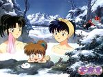  2girls 3boys black_hair brown_eyes higurashi_kagome hot_springs inuyasha inuyasha_(character) long_hair miroku mixed_bathing multiple_boys multiple_girls onsen sango shippo shippou silver_hair snow towel water 