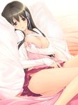  areolae breasts brown_eyes brown_hair hair_ribbon ichikawa_noa large_breasts looking_at_viewer lying nipples no_bra pillow pleated_skirt ribbon shirt_lift sitting skirt solo virgin_wife_hisoyaka_na_kaitsuu 