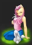  ambiguous_gender anthro black_background cute equine eyes_closed female feral fluttershy_(mlp) friendship_is_magic grass hair horse jeans lagomorph mammal multi-colored_body multicolored_body my_little_pony pink_hair plain_background pony rabbit shnider smile socks teeth yellow_body 