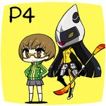  blush_stickers brown_eyes brown_hair chan_co chibi glasses hands_on_hips jacket persona persona_4 satonaka_chie short_hair smile standing tomoe_(persona_4) track_jacket yellow-framed_eyewear 