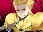  angry armor bad_id bad_pixiv_id blonde_hair chain earrings fate/stay_night fate_(series) gilgamesh haitei jewelry male_focus red_eyes shaded_face solo 
