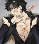  black_eyes black_hair emiya_kiritsugu fate/zero fate_(series) food food_on_body kamiya_(mennu) kotomine_kirei male_focus mapo_doufu open_clothes open_shirt sauce shirt tofu yaoi you_gonna_get_raped 