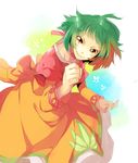  back_bow bow brown_eyes choker cropped_jacket dress farah_oersted fighting_stance green_hair hyakuhachi_(over3) orange_dress red_choker short_hair smile solo tales_of_(series) tales_of_eternia 