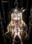  1girl arachnid blonde_hair cage cage_(object) chains child dress hook indoors looking_at_viewer original pink_eyes sitting spider ume_(illegal_bible) 
