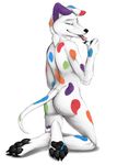  anthro bailey blue blue_eyes butt candy canine claws dalmatian dog fur green hair hindpaw kneeling licking lollipop looking_at_viewer looking_back male mammal multi-colored_markings nude orange pawpads paws plain_background pose purple rainbow_fur rainbow_markings red saliva solo spots tail tongue tongue_out truegrave9 white white_background white_fur white_hair whort_hair yellow 