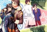  alternate_costume alvin_(tales) arm_behind_back bad_id bad_pixiv_id bespectacled black_gloves black_hair brown_eyes brown_hair chin_grab coat copyright_name cravat dual_persona glasses gloves hand_in_pocket holding_hands jude_mathis labcoat looking_back male_focus multiple_boys necktie ouno_mayumi pants plaid school_uniform smile tales_of_(series) tales_of_xillia 