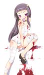  bandages bandaid bare_shoulders black_hair blood blood_on_breasts blood_on_face blush choker fang flat_chest highres horns kami_nomi_zo_shiru_sekai long_hair lune_(kaminomi) mary_janes nail_polish no_socks one-piece_swimsuit purple_eyes school_swimsuit shoes solo swimsuit white_school_swimsuit white_swimsuit yandere yuto_(dialique) 