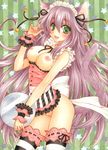  animal_ears aoi_yuuka_(ao_no_kokoro) apron blush breasts cat_ears cat_tail fang green_eyes hair_ribbon maid_headdress medium_breasts no_bra no_panties open_mouth original purple_hair ribbon solo striped striped_legwear tail thighhighs waitress wrist_cuffs 