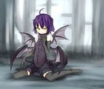  ahoge bad_id bad_pixiv_id dark_souls flat_chest gaping_dragon green_eyes highres personification purple_hair ryota_tentei sitting solo souls_(from_software) tail thighhighs wariza wings 
