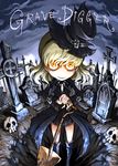  belt blonde_hair buckle cemetery cross formal grave graveyard hat night original shovel skull smile suit tombstone top_hat ume_(illegal_bible) worktool yellow_eyes 