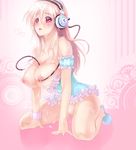  arm_support babydoll bad_id bad_pixiv_id blush breasts bukkake cum furayu_(flayu) headphones kneeling large_breasts lingerie long_hair nipples nitroplus no_panties pink_hair red_eyes skindentation solo super_sonico underwear 