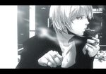  androgynous bad_id bad_pixiv_id banned_artist cigarette clenched_hand collarbone earrings jewelry letterboxed lips male_focus monochrome necklace original photo_background red_eyes ring s_tanly smoke smoking solo spot_color 