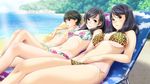  3girls areolae beach bikini black_hair breasts highres ino kayano_chika large_breasts long_hair lying multiple_girls ocean short_hair sister_scheme_2 smile swimsuit water yanagawa_amane yanagawa_misaki yanagawa_shiori 