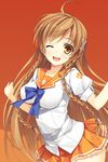 danny_choo hair_clip happy long_hair orange school_uniform smile suenaga_mirai twin_braids wink 