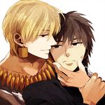  blonde_hair brown_hair earrings fate/zero fate_(series) gilgamesh jewelry kotomine_kirei male_focus monaka multiple_boys smile white_background 