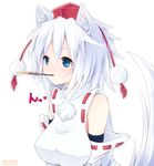  animal_ears bare_shoulders blue_eyes blush breasts detached_sleeves food ginzake_(mizuumi) hat inubashiri_momiji large_breasts mouth_hold pocky short_hair solo tail tokin_hat touhou white_hair wolf_ears wolf_tail 