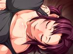 1girl :d bangs bed_sheet black_lagoon blush body_blush breasts cleavage collarbone crop_top dutch_angle eyes_closed female from_above g_kilo-byte game_cg happy huge_breasts impossible_clothes indoors johnny_(from_scratch) low_ponytail navel on_bed open_mouth parted_bangs ponytail purple_hair revy revy_(black_lagoon) saberfish scrunchie sidelocks smile solo strap_slip sweat tank_top tattoo upper_body 