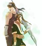  androgynous back-to-back brown_hair forehead_protector haku_(naruto) height_difference hotate_(suikaneko) huge_weapon kirigakure_symbol layered_sleeves long_hair male_focus mask momochi_zabuza multiple_boys naruto naruto_(series) ninja sword tears weapon 