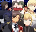  4girls :d =_= artoria_pendragon_(all) assassin_(fate/zero) beard black_keys blonde_hair blue_hair bottle brown_hair cape casual child closed_eyes column_lineup command_spell criss-cross_halter cup dark_skin drinking_glass earrings facial_hair fate/zero fate_(series) female_assassin_(fate/zero) formal from_behind fur_trim gilgamesh green_eyes halter_top halterneck heart hug itou_(mogura) jewelry kotomine_kirei mask mother_and_daughter multiple_boys multiple_girls necktie open_mouth ponytail red_hair rider_(fate/zero) saber short_hair smile suit sword toosaka_aoi toosaka_rin toosaka_tokiomi weapon wine_glass younger 