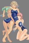  :o arena_(company) barefoot between_breasts between_thighs blue_eyes blush boob_chomp bottle breasts dark_skin eyes_closed feet green_eyes green_hair hand_on_shoulder hug kneeling large_breasts long_hair lotion mizugi one-piece_swimsuit open_mouth original pettanko pink_hair ponytail shoko_(moccom) short_hair tanlines tanned 