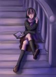  1girl bad_deviantart_id bad_id book crossed_legs highres jacket multicolored_hair my_little_pony my_little_pony_friendship_is_magic personification plaid plaid_skirt pleated_skirt purple purple_background purple_eyes scarf short_hair sitting sitting_on_stairs skirt solo stairs streaked_hair twilight_sparkle 