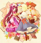  alice_margatroid blonde_hair blue_eyes book boots bow capelet crescent cross-laced_footwear flower frills hair_bow hat kaori_(sasaemon) lace-up_boots long_hair multiple_girls open_mouth patchouli_knowledge purple_hair shanghai_doll short_hair touhou 