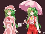  alphes_(style) ascot capelet clock closed_eyes dress_shirt dual_persona green_eyes green_hair hair_over_one_eye hat kaoru_(gensou_yuugen-an) kazami_yuuka kazami_yuuka_(pc-98) multiple_girls nightcap nightgown pants parasol parody plaid plaid_pants plaid_vest pom_pom_(clothes) shirt style_parody touhou touhou_(pc-98) umbrella vest 